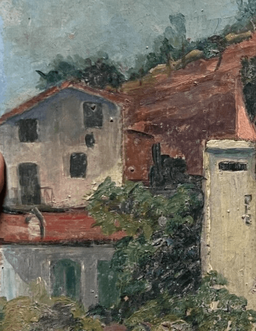 Antique Oil Painting Original Landscape, Cityview, Houses, Trees signed image 3