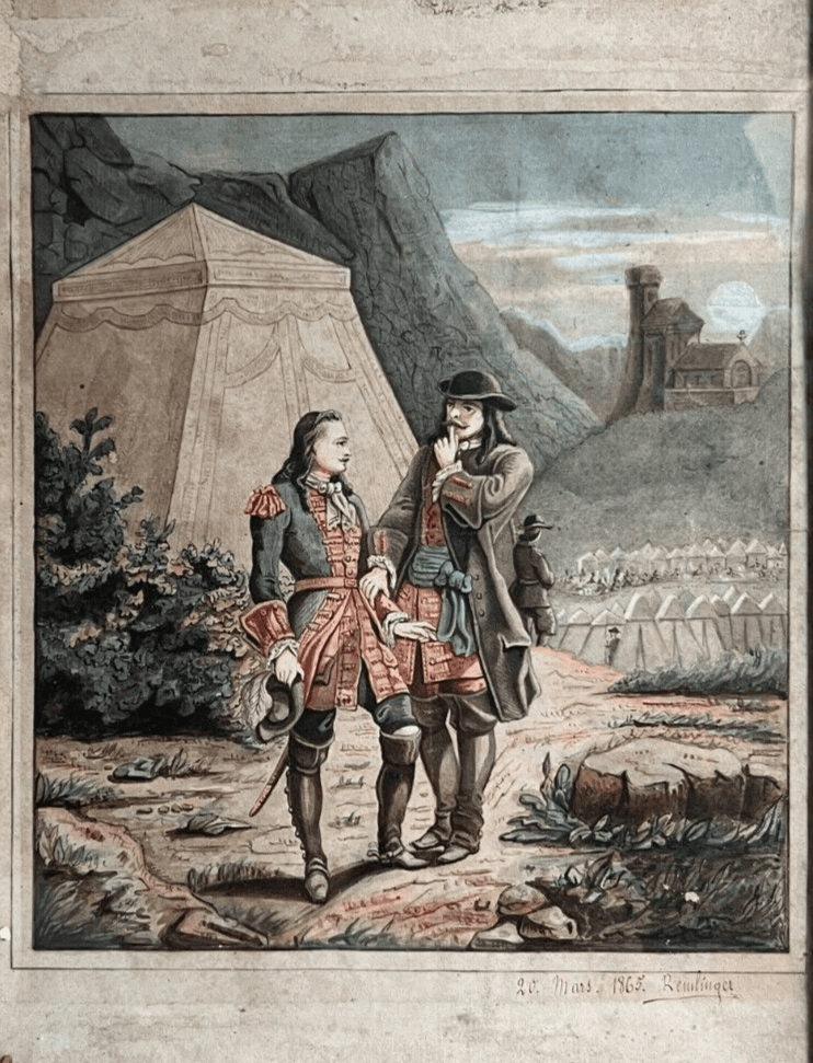 Antique Original Drawing People, Men, War, Military, Landscape image 2