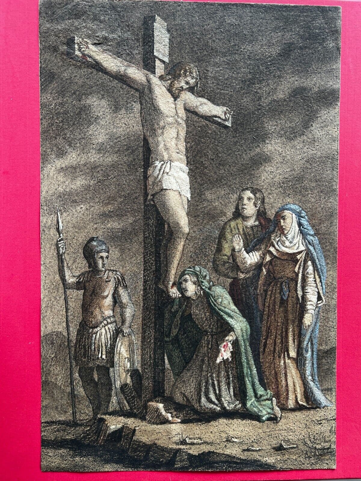 Drawing 19th century Religious Christ on Cross and People image 4