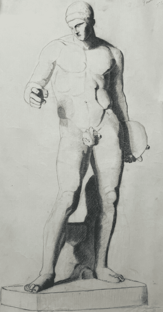Antique Original Drawing Man, Portrait, Academic, Nude, Stick image 1