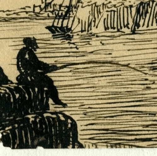 Antique Ink Drawing 19th century of Castle Landscape with Fisherman image 3