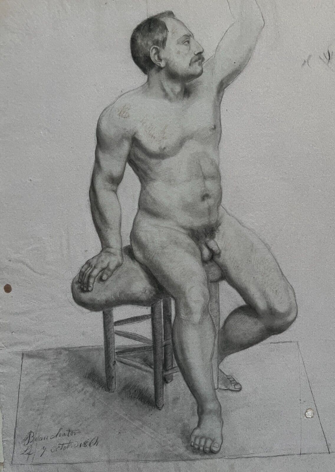 Antique Original Drawing Charcoal 19th century Nude Man Portrait 1864 image 2
