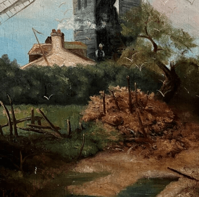 Antique Painting Original Landscape, Mills, House, People, Trees signed image 3