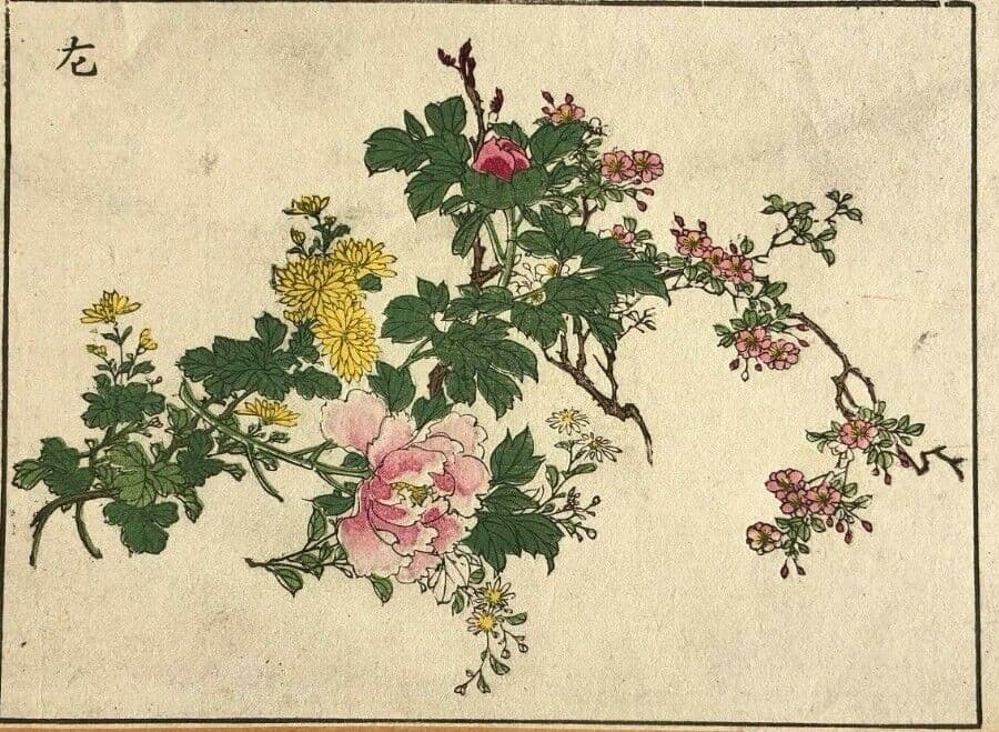 Antique Japanese Flower WoodPrint Flowers, Birds, Violet c. 1890 Art Print Ukiyo image 1