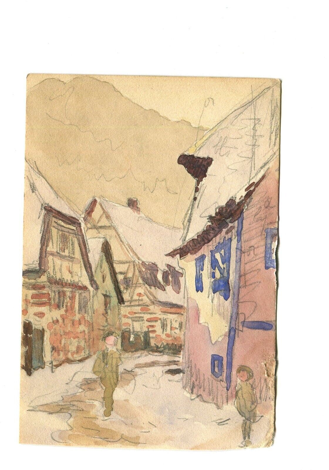 Antique Original Drawing Mountain Village Landscape Artwork image 2