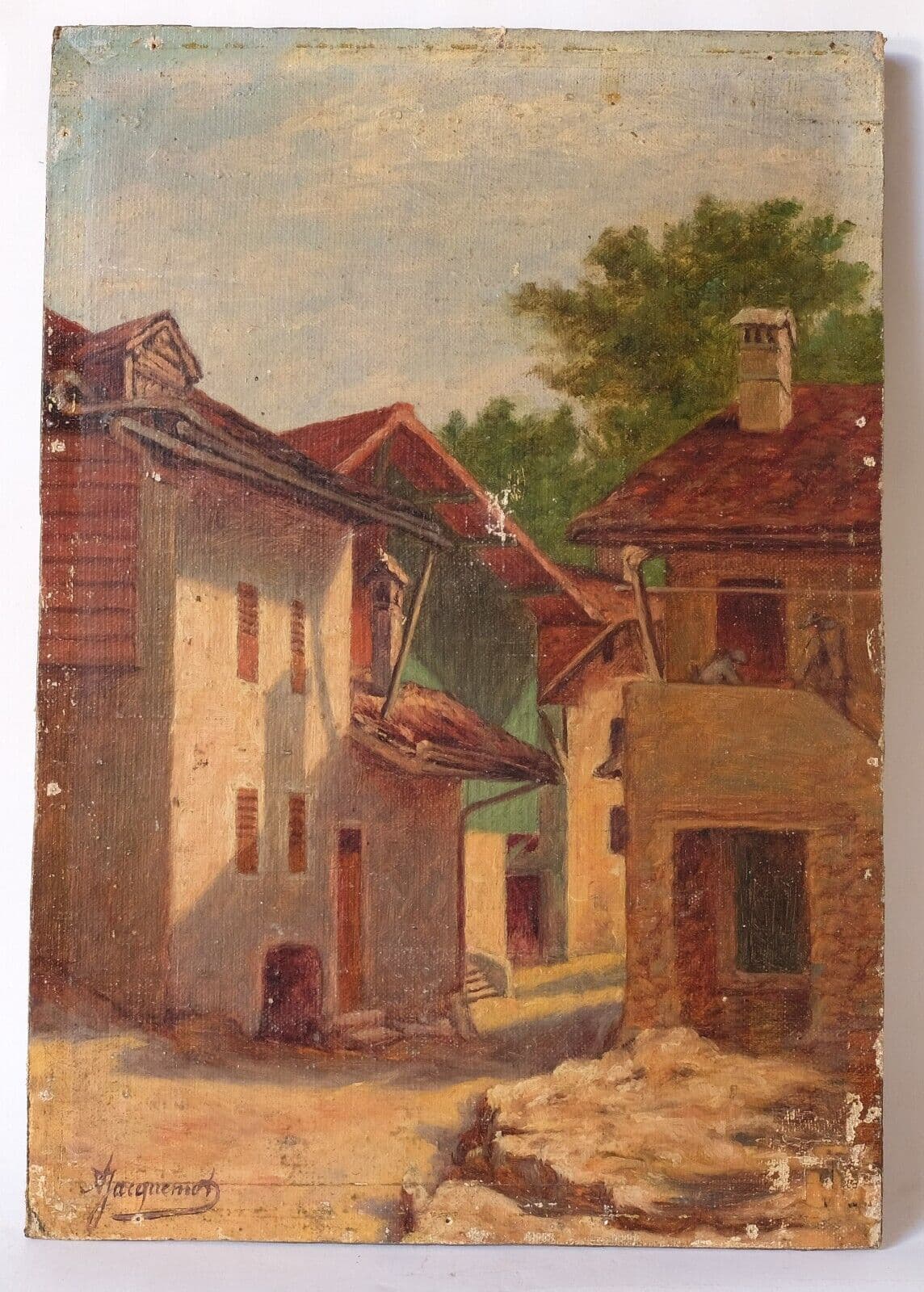 Antique Oil Painting on Canvas Landscape, Houses, Village signed image 4