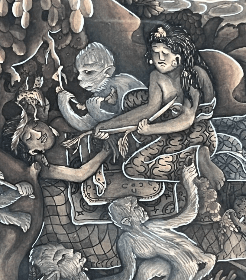 Vintage Oil Original Painting Indonesian Life, Landscape, People, Monkeys image 3