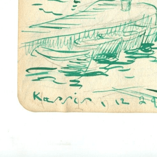 Vintage Ink Drawing Maritime Village by Sea Landscape and Boats c. 1929 image 5