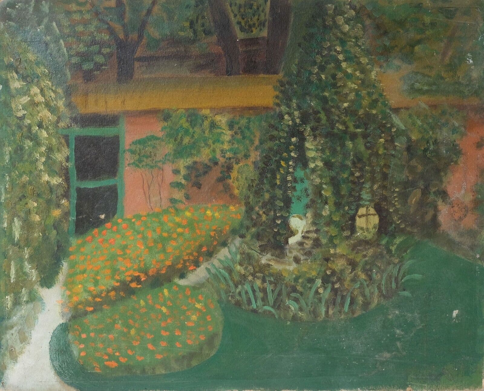 Antique Oil Original Painting Signed Garden Landscape, Floral image 1