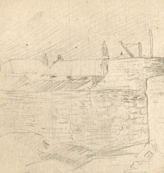 Vintage Pencil Drawing Original Houses, Landscape, Maritime, Docks image 2