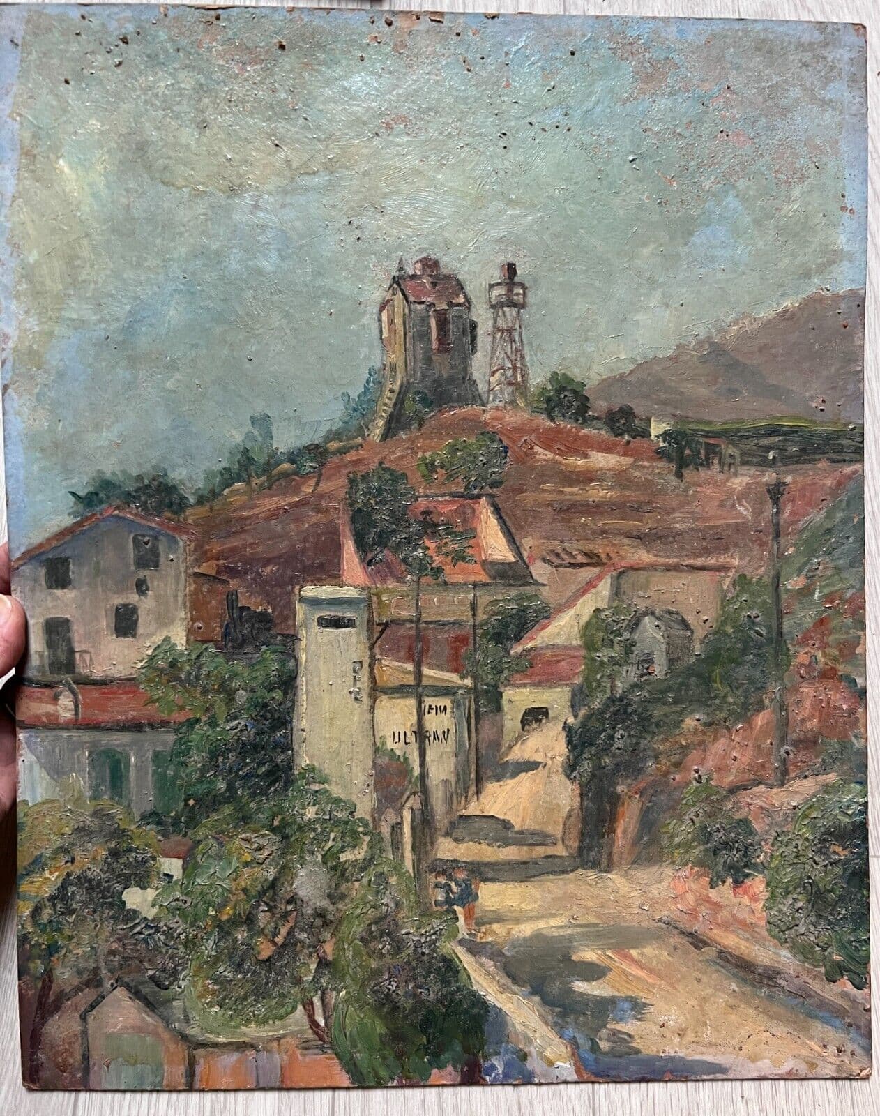 Antique Oil Painting Original Landscape, Cityview, Houses, Trees signed image 5