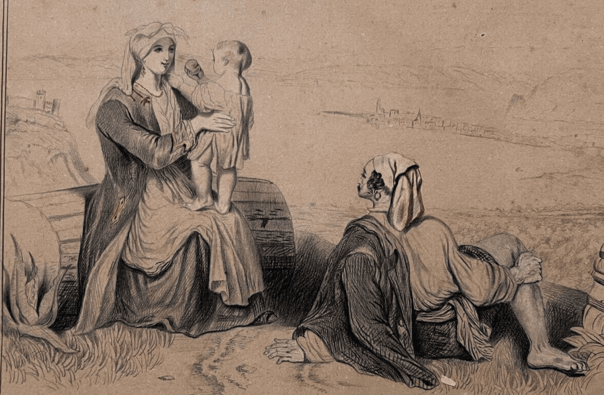 Vintage Original Antique Drawing 19th century People, Kids