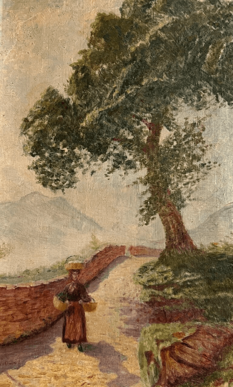 Antique Painting Landscape Original signed Woman, Work, Path image 1