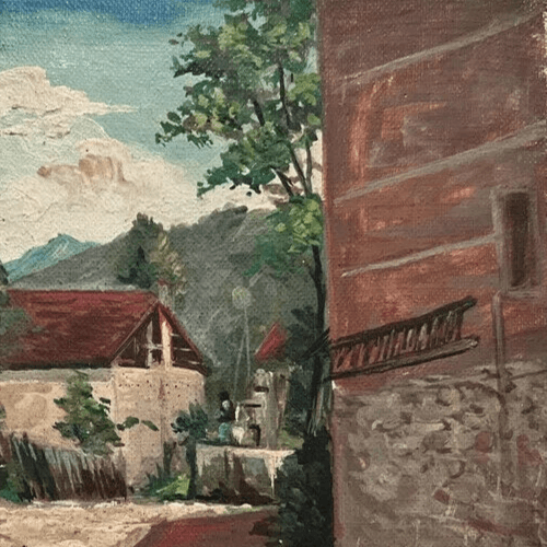 Antique Oil Vintage Original Painting Landscape Mountain Village, Chicken image 4