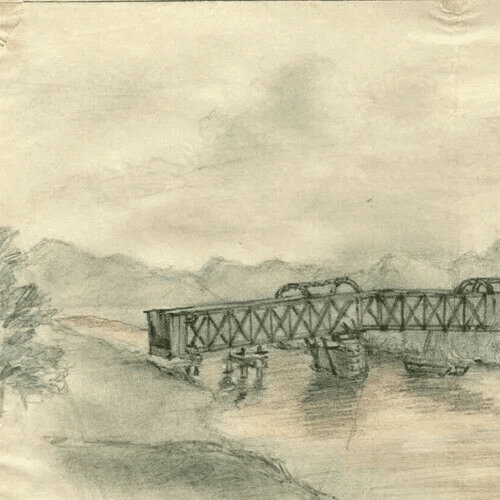 Vintage Pencil Drawing Landscape, Bridge of Soummam, Bougie 1871 image 2