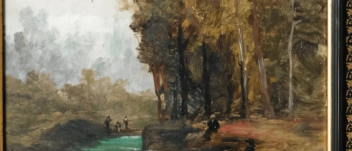Antique Oil Painting Original Landscape, People on a Bridge Framed image 4
