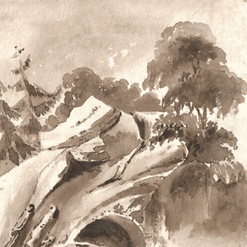 Antique Ink Original Drawing 19th century Cave, Landscape, Tree, Forest image 3