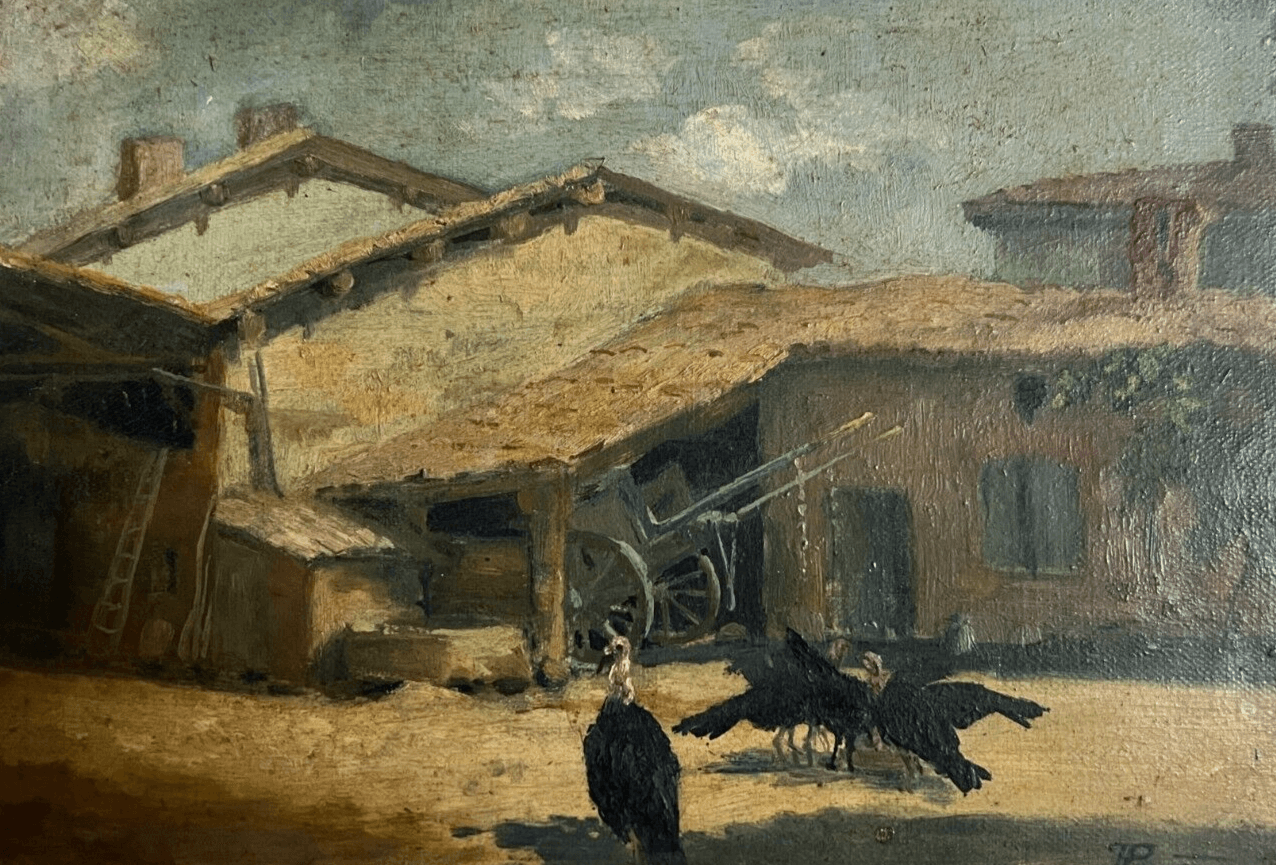 Antique Painting Original 19th Farm Farm House Birds Landscape image 1