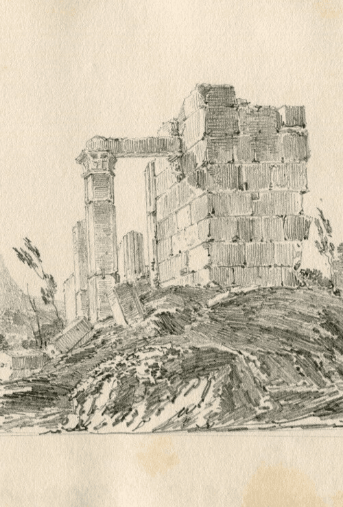 Antique Pencil Drawing Original 19th century Ruins Castle Landscape image 2