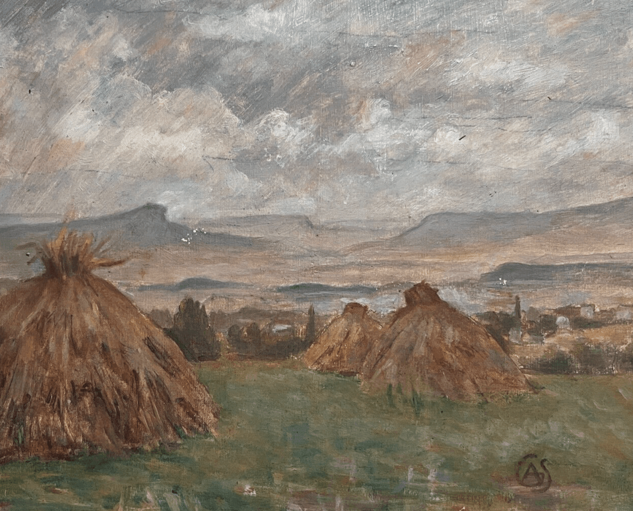 Antique Original Painting Landscape, Fields, Hay, Grass, Mountain signed