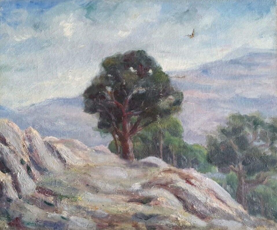Antique Original Painting Landscape, Farm, Trees, Forest 19th century