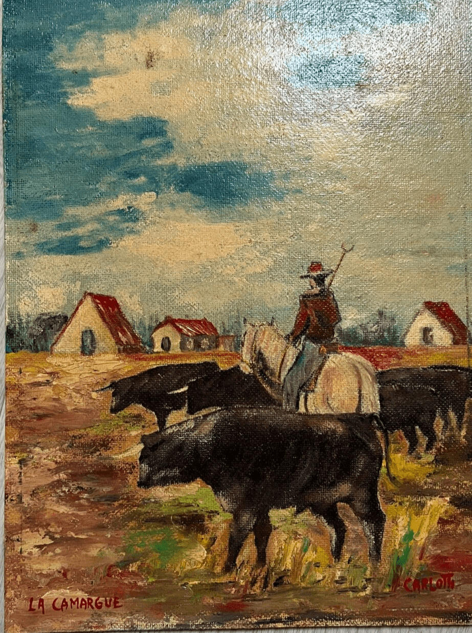 Modern Painting Signed Jean Albert CARLOTTI (1909-2003) Camargue Bulls Landscape