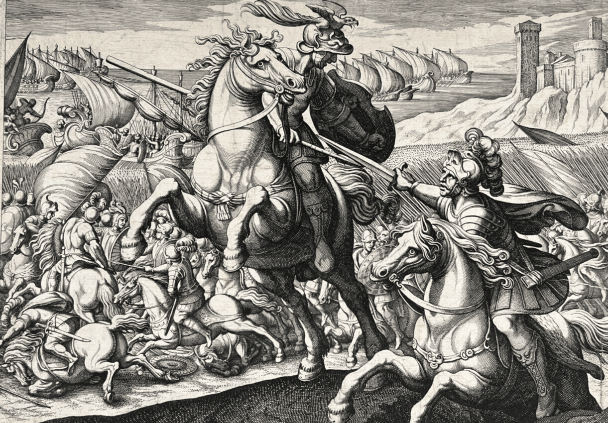 Antique Etching Original Horse, Battle, People, Landscape, War, Castle image 1