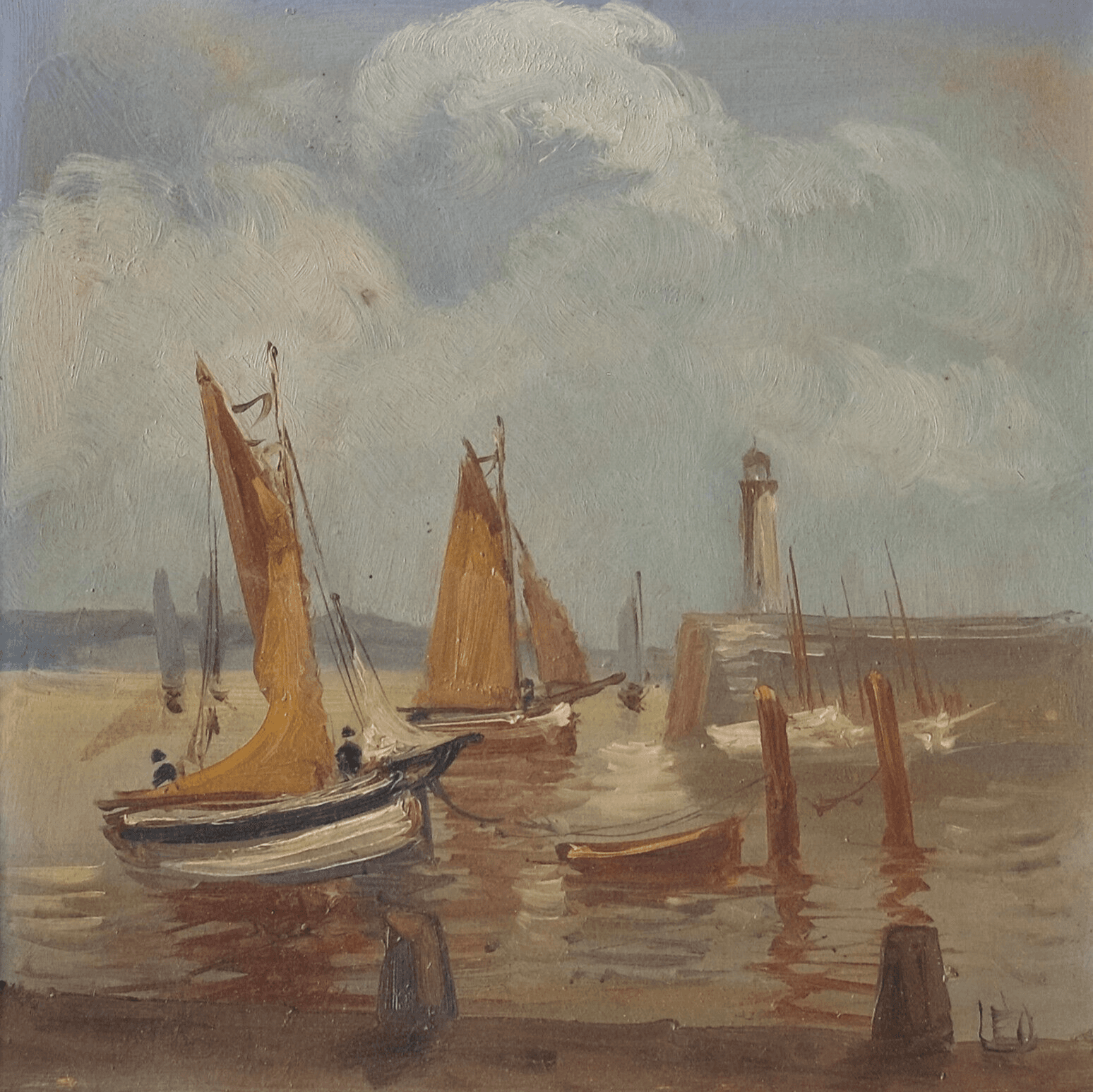 Antique Painting Original Old Maritime Landscape Boats Signed image 1