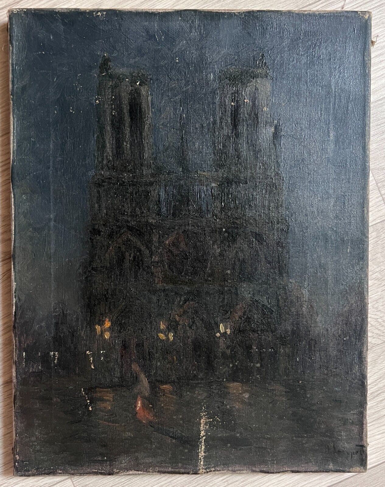 Antique Painting Original Cityview, Church, Notre-Dame de Paris, Night signed image 5