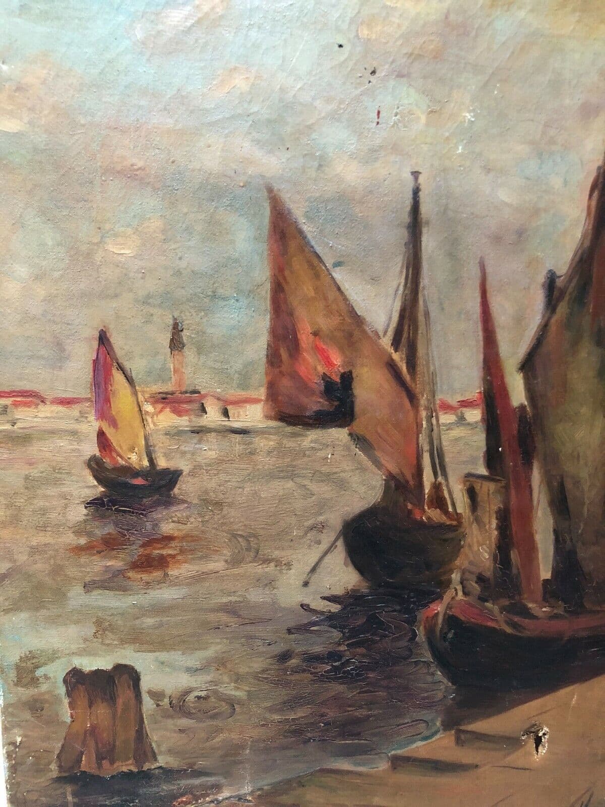 Antique Original Painting Signed Maritime Landscape with Boats at Sea, Sunset image 1