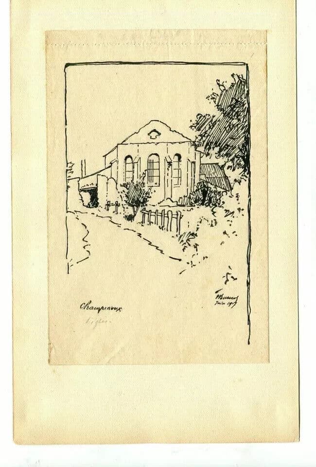 Vintage Ink Drawing signed House Landscape Champreux, Lorraine 1917 image 5