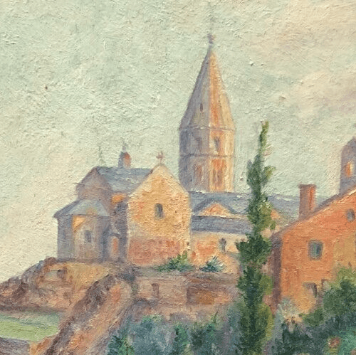 Antique Oil Original Painting City Town Landscape, Village image 3