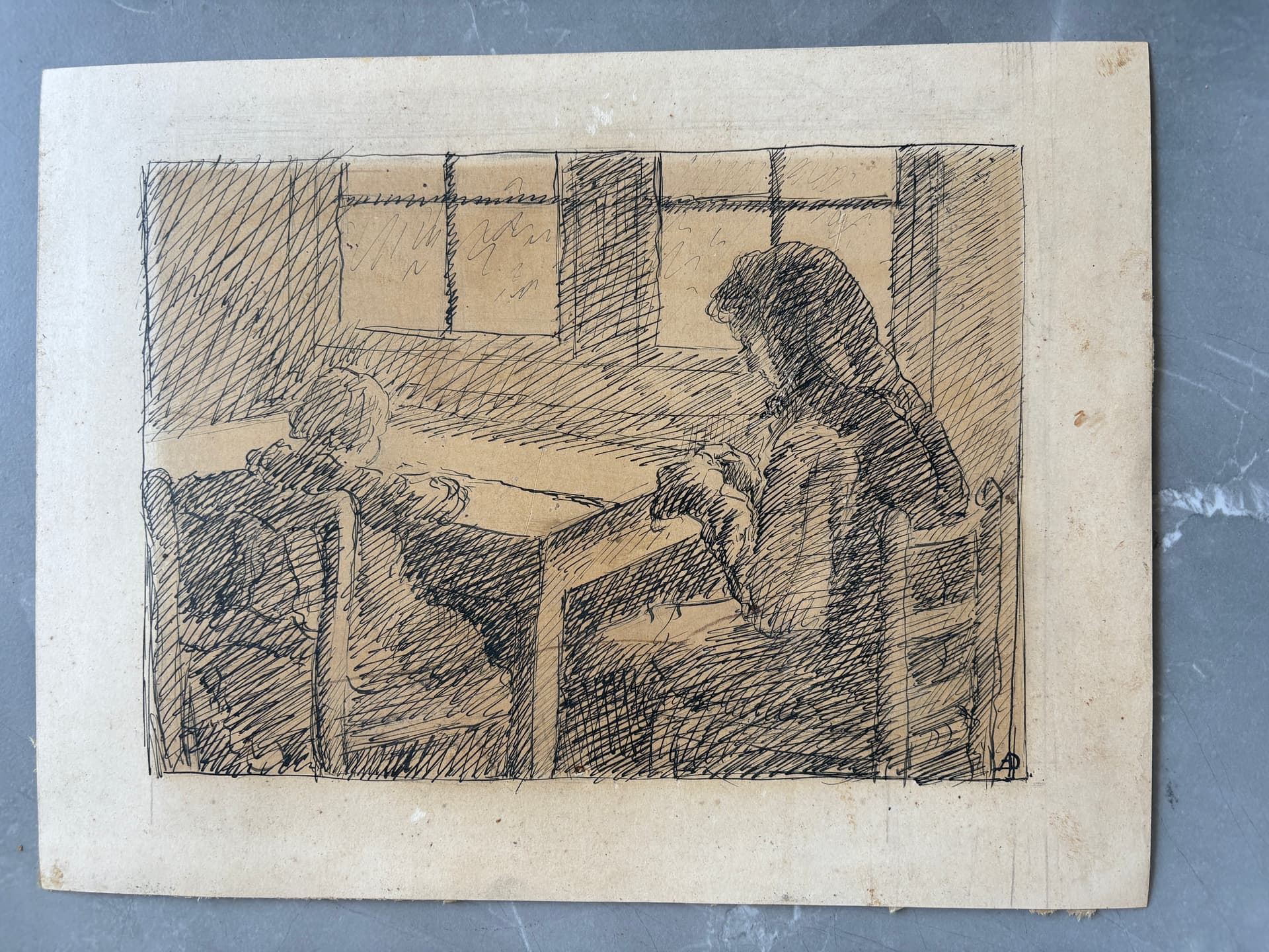 Vintage Original Old Drawing People, Kids, Child Teaching Lesson