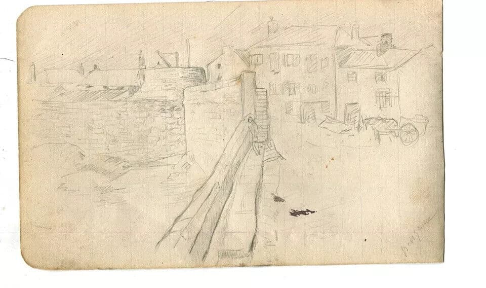 Vintage Pencil Drawing Original Houses, Landscape, Maritime, Docks image 4