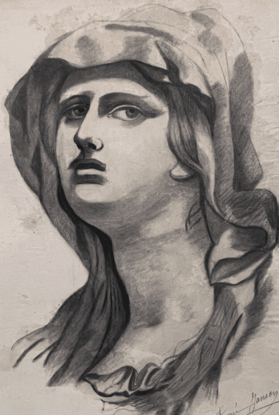 Antique Drawing Charcoal Original Portrait Woman Sculpture signed image 1