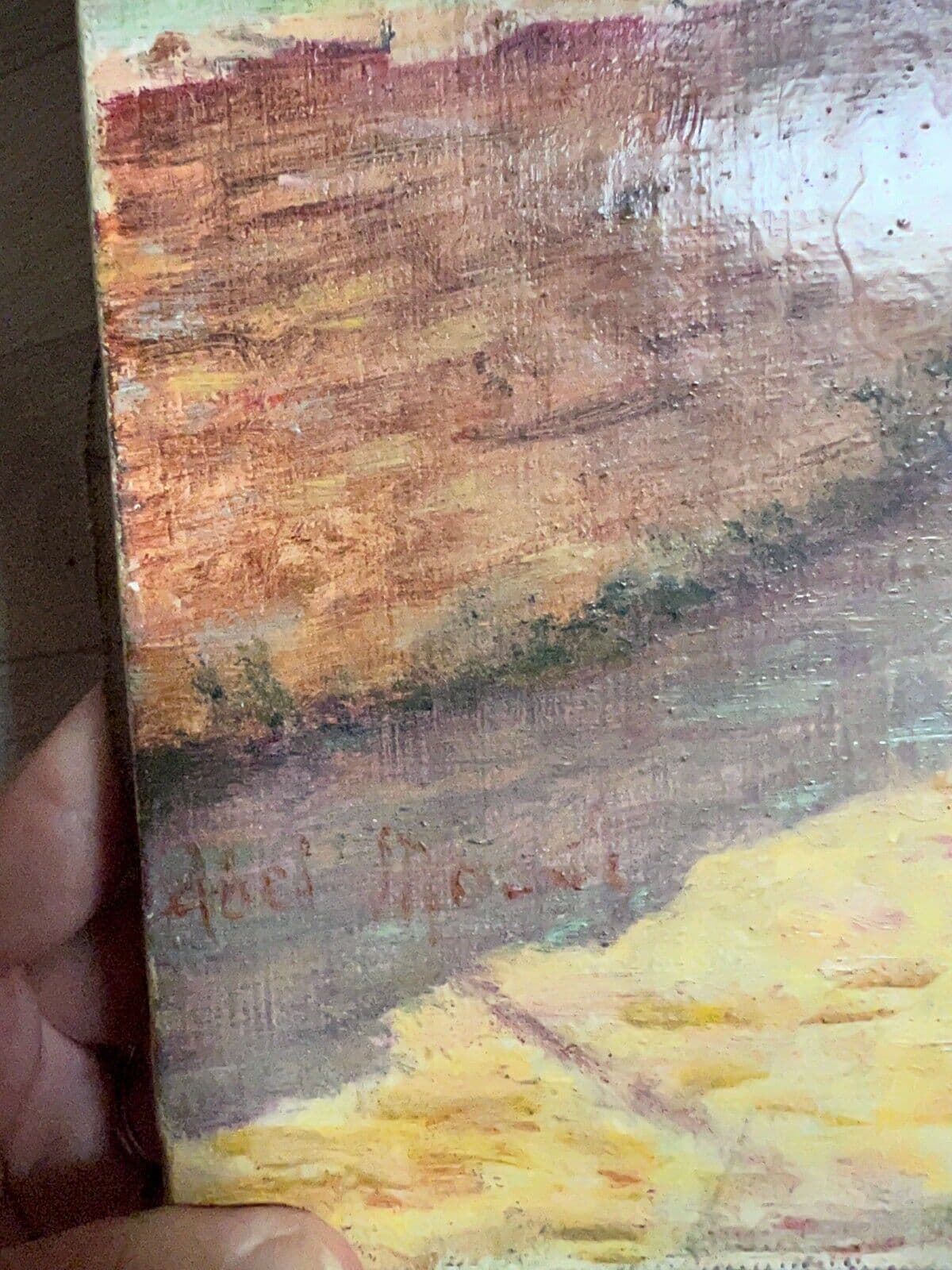 Antique Painting Landscape Original signed Woman, Work, Path image 5