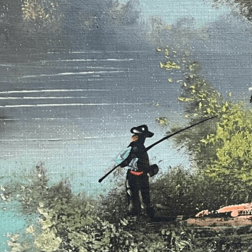 Antique Oil Painting Original 19th century Fisherman in a Landscape signed image 2