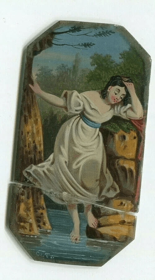 Antique Miniature Painting signed Genre Scene Woman Bathing by the Water image 1