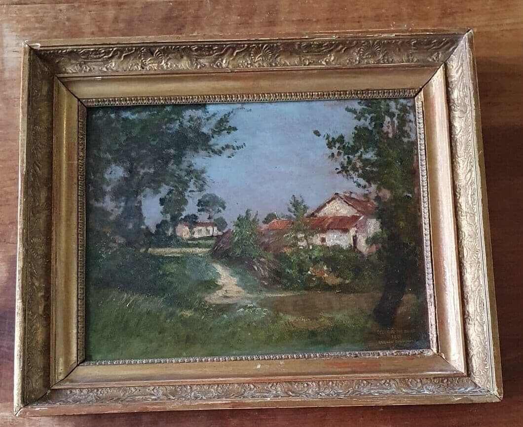 Antique Painting Original Houses, Landscape, Forest, Trees, Town image 5