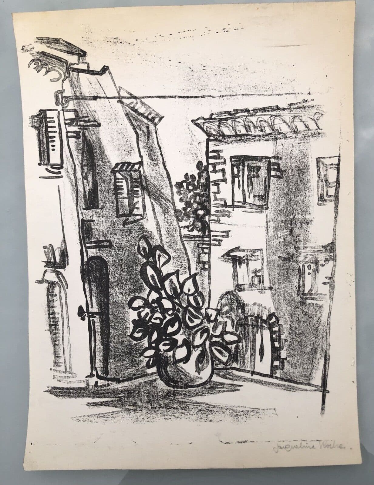 Antique Etching Original Landscape, House, Cityview, Flowers, Building image 7