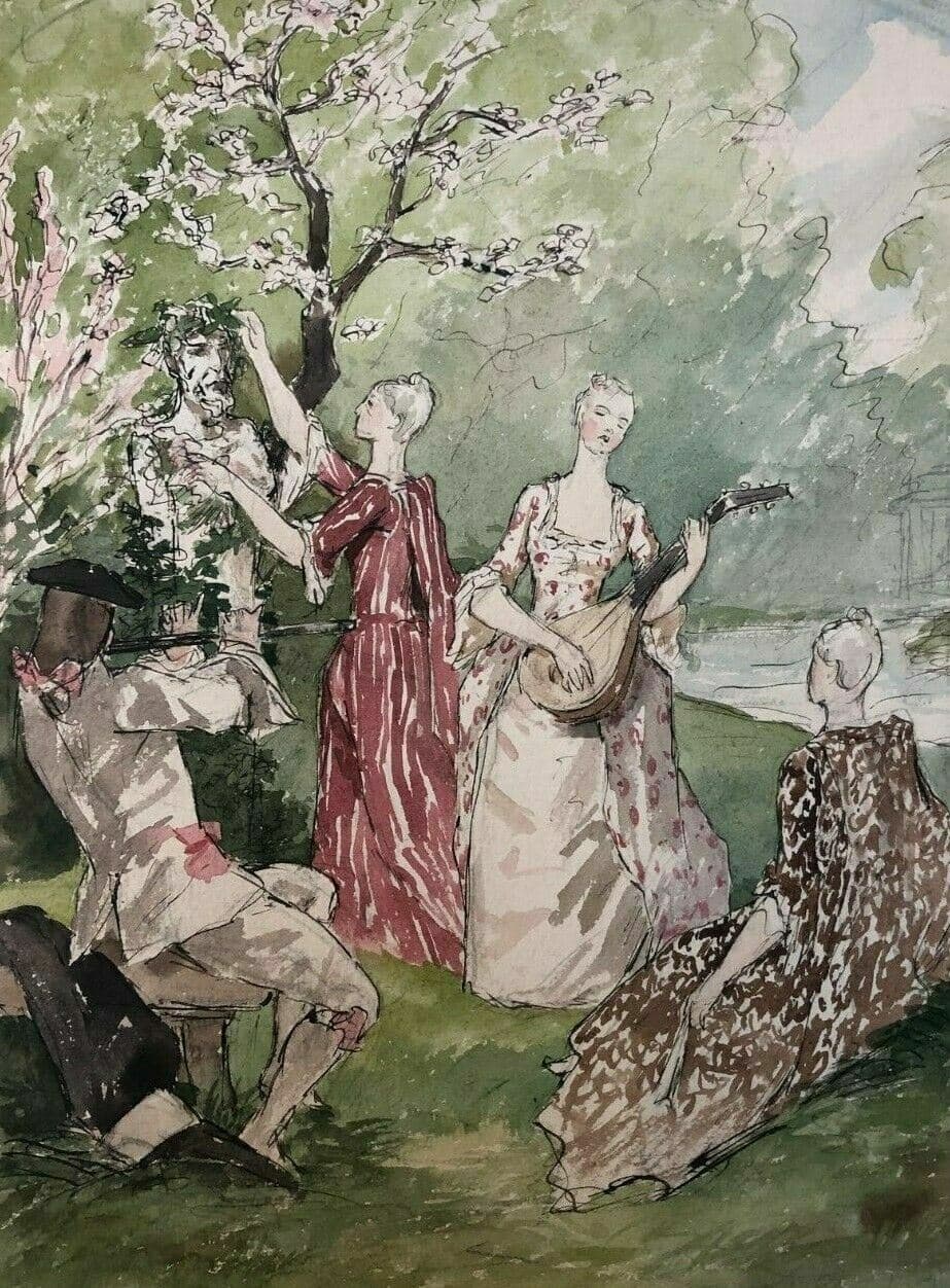 Vintage Drawing Original People, Women, Forest, Playing Musics