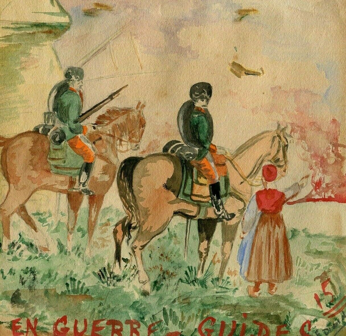 Vintage Original Drawing Military Scene, Soldiers on Horses