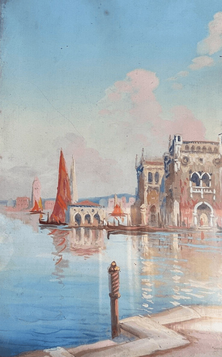 Antique Oil Painting Venice Cityview Landscape Building, Canal, Boat Framed image 1