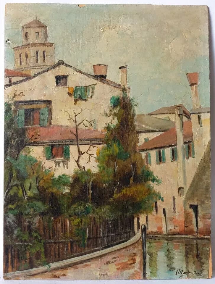 Antique Oil Painting Original Signed MARIN Landscape, Village, House, Canal image 7