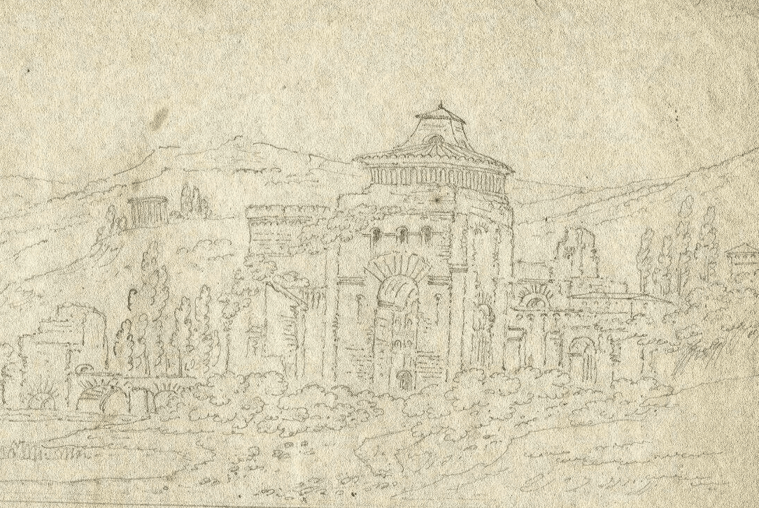 Antique Pencil Original Drawing 19th century Cityscape with Buildings