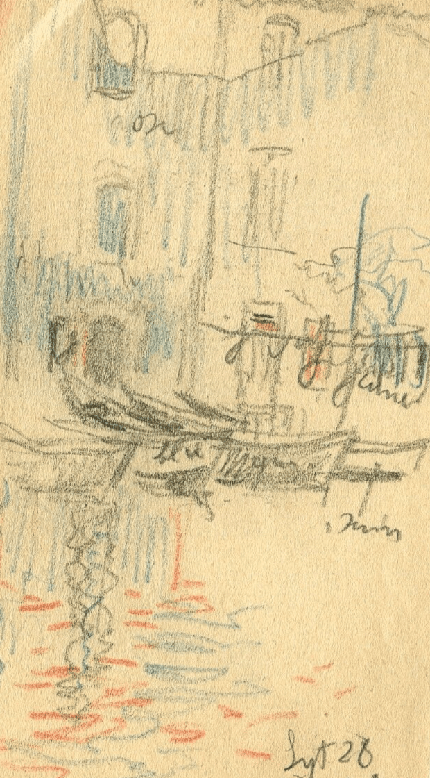 Vintage Colored Pencils Original Boats in a Port, Landscape 1928 Artwork