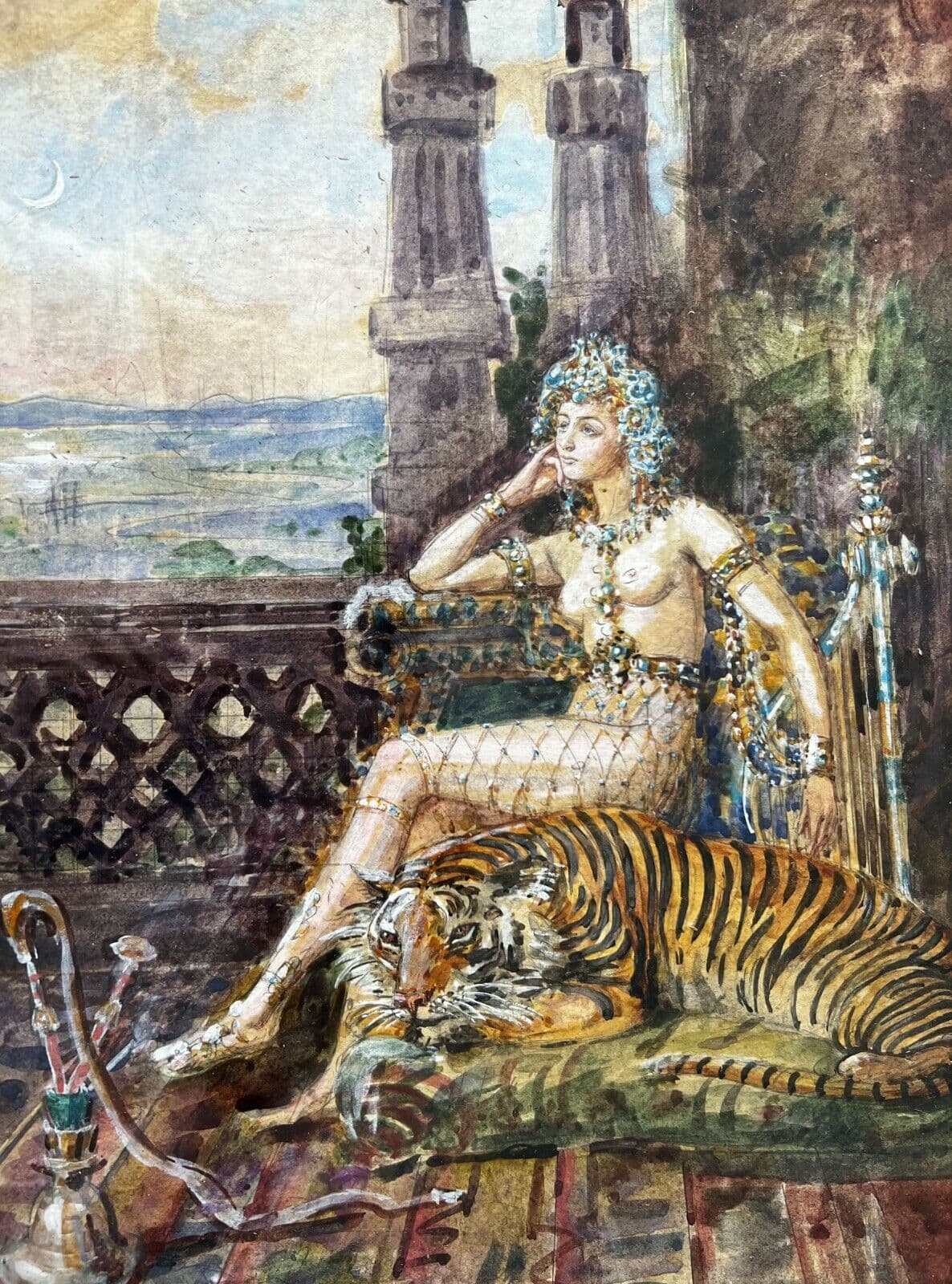Antique Original Old Drawing Horace DE CALLIAS (1847-1921) Princess and Tiger image 1
