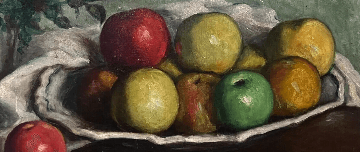 Antique Oil Old Original Painting Apples and Flowers Bouquet, Still Life image 4
