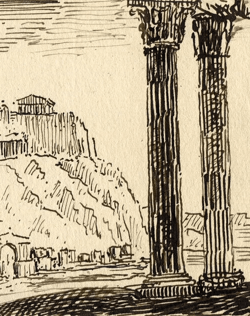 Antique Original Ink Drawing 19th century The Mount Olympus, Romantic Landscape image 4