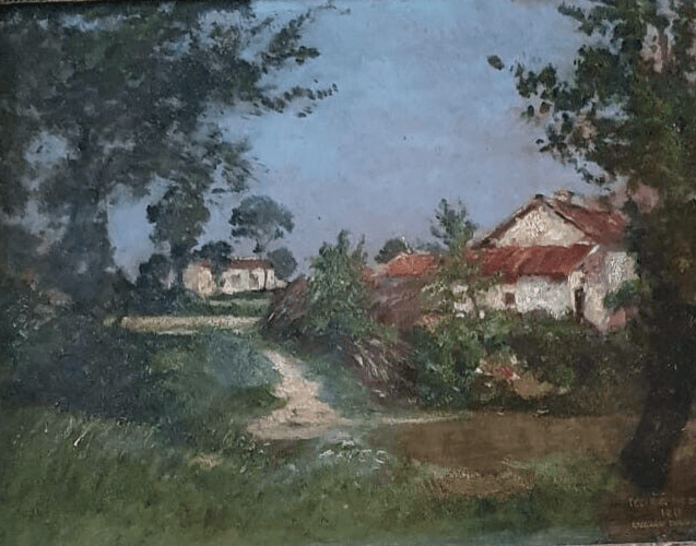 Antique Painting Original Houses, Landscape, Forest, Trees, Town image 1